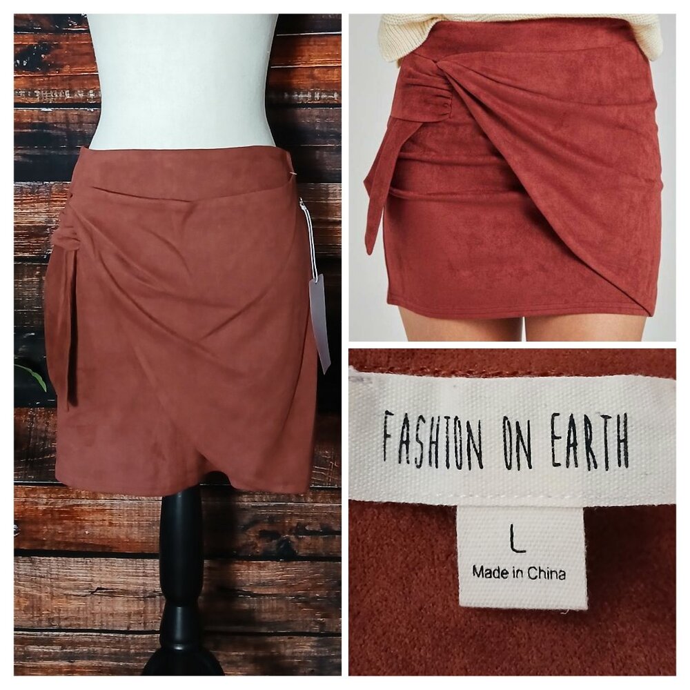 NWT Fashion on Earth Mini Wrap Skirt L Faux Suede Zip Back Burnt Clay